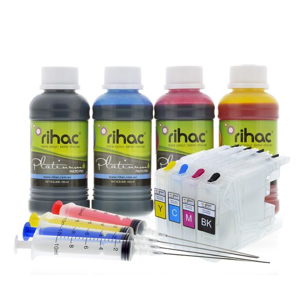 Rihac compatible Brother LC40 LC73 LC77 refillable ink cartridges and premium dye refill ink starter kit for BROTHER DCP-J525W, DCP-J725DW, DCP-J925DW, MFC-J430W, MFC-J432W, MFC-J625DW, MFC-J825DW, MFC-J5910DW MFC-J6510DW, MFC-J6710DW, MFC-J6910DW alternative to CISS continuous ink supply system 4 x 100ml dye inks
