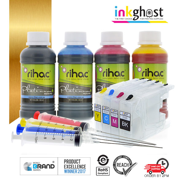 Rihac compatible Brother LC40 LC73 LC77 refillable ink cartridges and premium dye refill ink starter kit for BROTHER DCP-J525W, DCP-J725DW, DCP-J925DW, MFC-J430W, MFC-J432W, MFC-J625DW, MFC-J825DW, MFC-J5910DW MFC-J6510DW, MFC-J6710DW, MFC-J6910DW alternative to CISS continuous ink supply system 4 x 100ml dye inks
